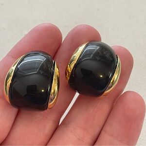 Vintage Monet Huge Gold Tone Black Acrylic Puffy Hoops Clip On Earrings